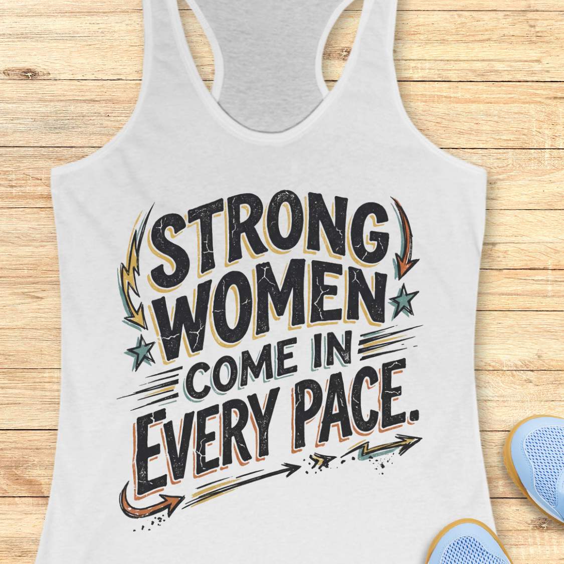 A white racerback tank top laid flat on a light wood plank background, featuring a distressed graphic that reads 'STRONG WOMEN COME IN EVERY PACE.' with stars and arrows.