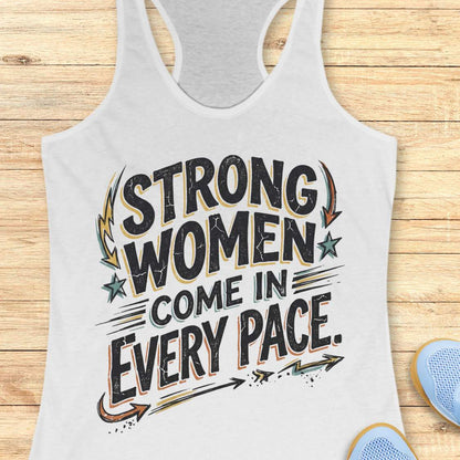 A white racerback tank top laid flat on a light wood plank background, featuring a distressed graphic that reads 'STRONG WOMEN COME IN EVERY PACE.' with stars and arrows.