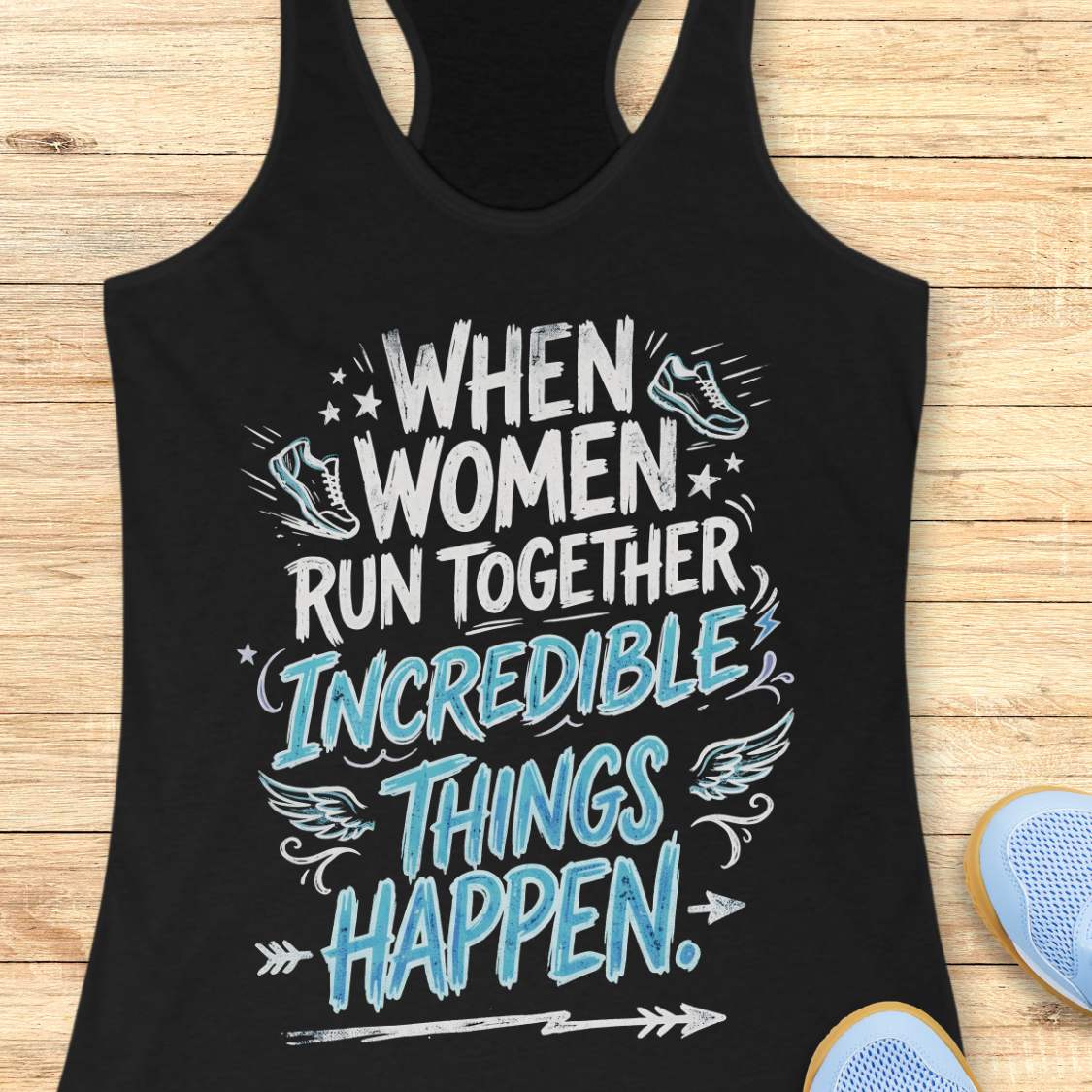 A black racerback tank top laid flat on a light wood surface, featuring a motivational graphic that reads 'WHEN WOMEN RUN TOGETHER INCREDIBLE THINGS HAPPEN.' with illustrated sneakers, wings, stars, and arrows.