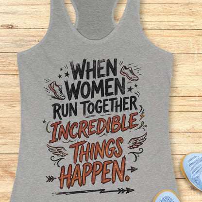 A grey racerback tank top laid flat on a light wood surface, featuring a motivational graphic that reads 'WHEN WOMEN RUN TOGETHER INCREDIBLE THINGS HAPPEN.' with illustrated sneakers, wings, stars, and arrows.