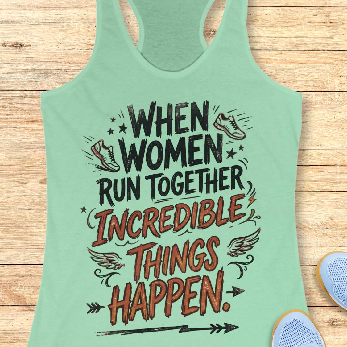 A mint green racerback tank top with a motivational graphic that reads 'WHEN WOMEN RUN TOGETHER INCREDIBLE THINGS HAPPEN.' in black and reddish-brown lettering, styled flat on a light wood background with partial sneakers visible at the edges.