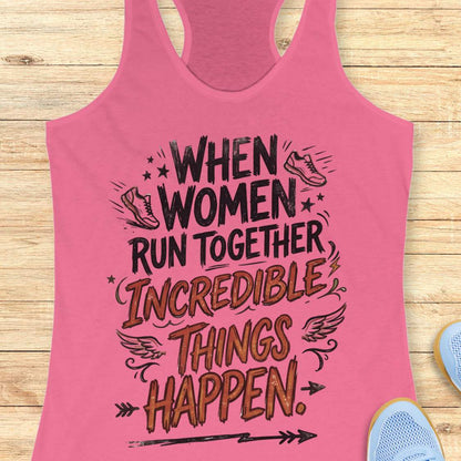 A pink racerback tank top laid flat on a light wood surface, featuring a motivational graphic that reads 'WHEN WOMEN RUN TOGETHER INCREDIBLE THINGS HAPPEN.' with illustrated sneakers, wings, stars, and arrows.