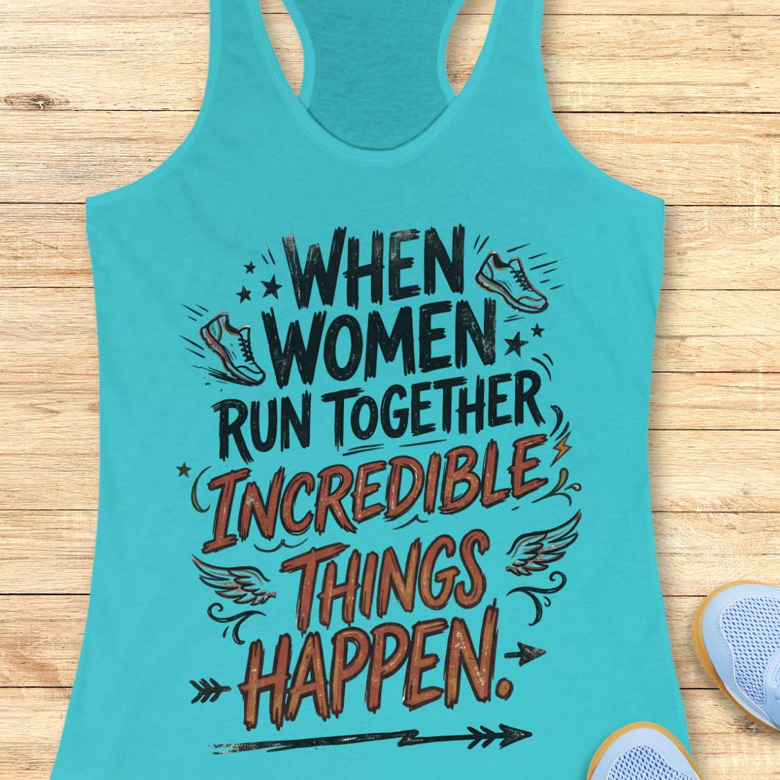 A turquoise racerback tank top laid flat on a light wood surface, featuring a motivational graphic that reads 'WHEN WOMEN RUN TOGETHER INCREDIBLE THINGS HAPPEN.' with illustrated sneakers, wings, stars, and arrows.