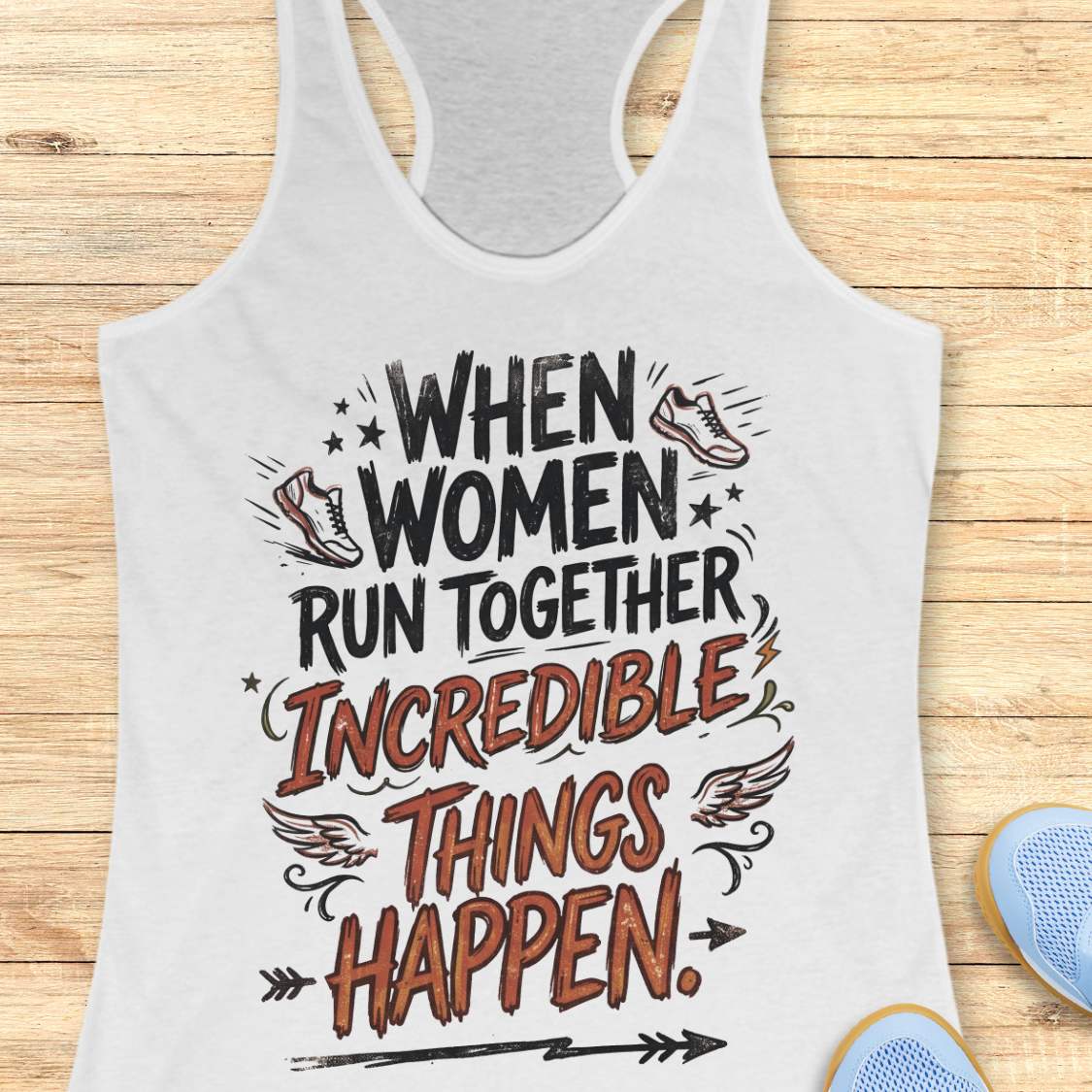 A white racerback tank top laid flat on a light wood surface, featuring a motivational graphic that reads 'WHEN WOMEN RUN TOGETHER INCREDIBLE THINGS HAPPEN.' with illustrated sneakers, wings, stars, and arrows.