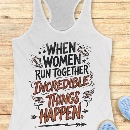 A white racerback tank top laid flat on a light wood surface, featuring a motivational graphic that reads 'WHEN WOMEN RUN TOGETHER INCREDIBLE THINGS HAPPEN.' with illustrated sneakers, wings, stars, and arrows.