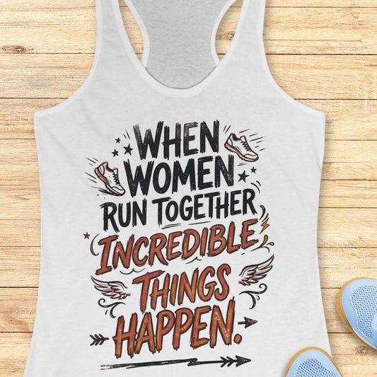 A white racerback tank top laid flat on a light wood surface, featuring a motivational graphic that reads 'WHEN WOMEN RUN TOGETHER INCREDIBLE THINGS HAPPEN.' with illustrated sneakers, wings, stars, and arrows.