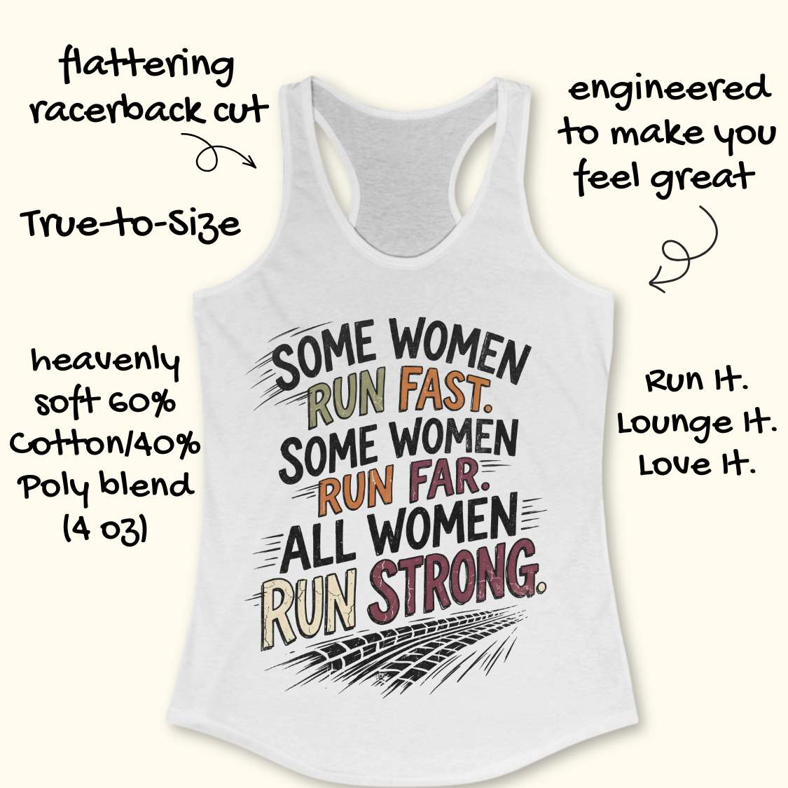 A white racerback tank top laid flat on a light wood surface, featuring a motivational graphic with illustrated sneakers.
