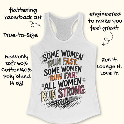 A white racerback tank top laid flat on a light wood surface, featuring a motivational graphic with illustrated sneakers.