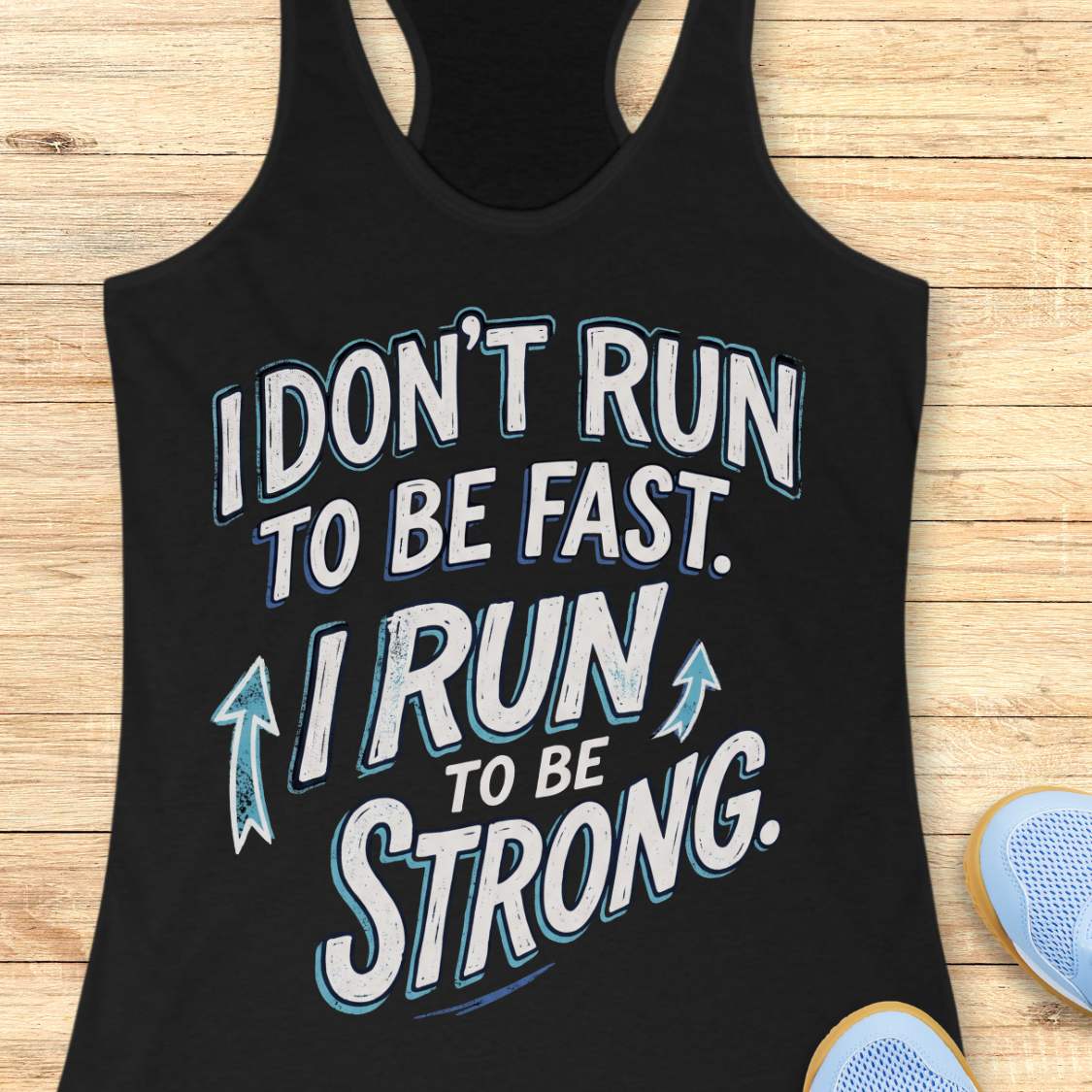 A black racerback tank top laid flat on a light wood surface, featuring a motivational graphic with illustrated sneakers.