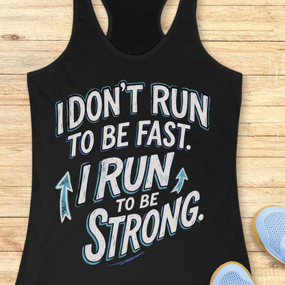 A black racerback tank top laid flat on a light wood surface, featuring a motivational graphic with illustrated sneakers.