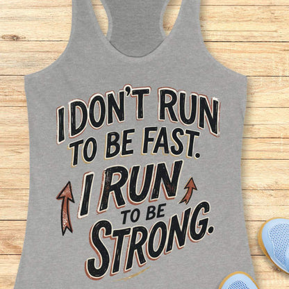 A grey racerback tank top laid flat on a light wood surface, featuring a motivational graphic with illustrated sneakers.