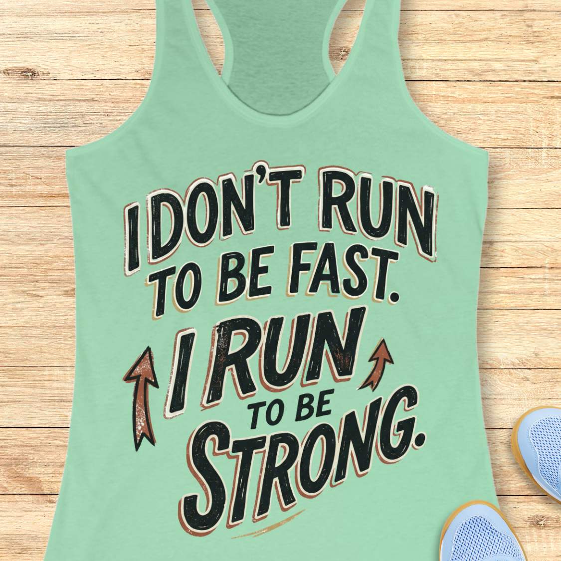 A mint racerback tank top laid flat on a light wood surface, featuring a motivational graphic with illustrated sneakers.