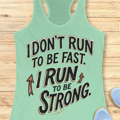 A mint racerback tank top laid flat on a light wood surface, featuring a motivational graphic with illustrated sneakers.