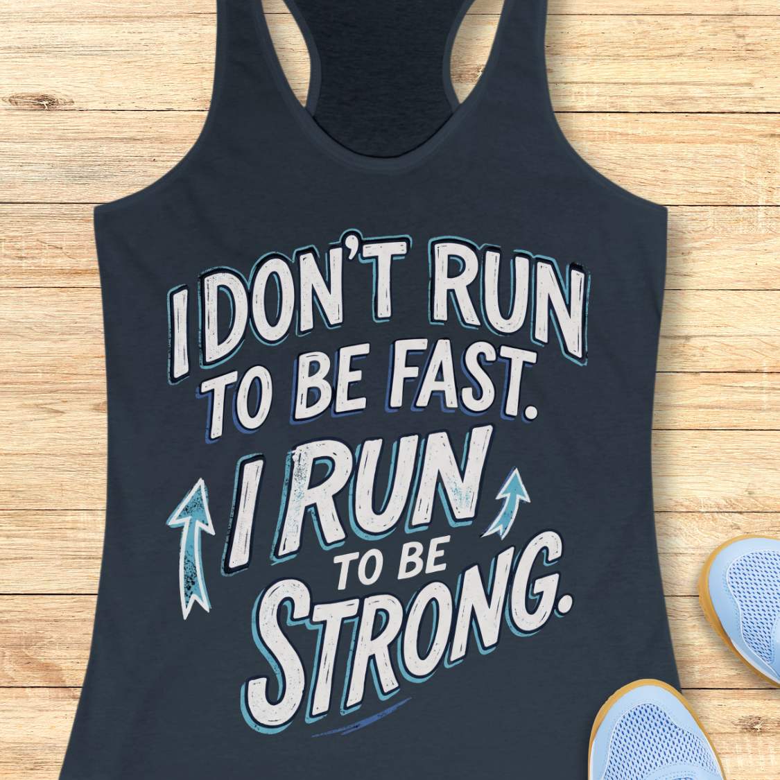 A indigo racerback tank top laid flat on a light wood surface, featuring a motivational graphic with illustrated sneakers.