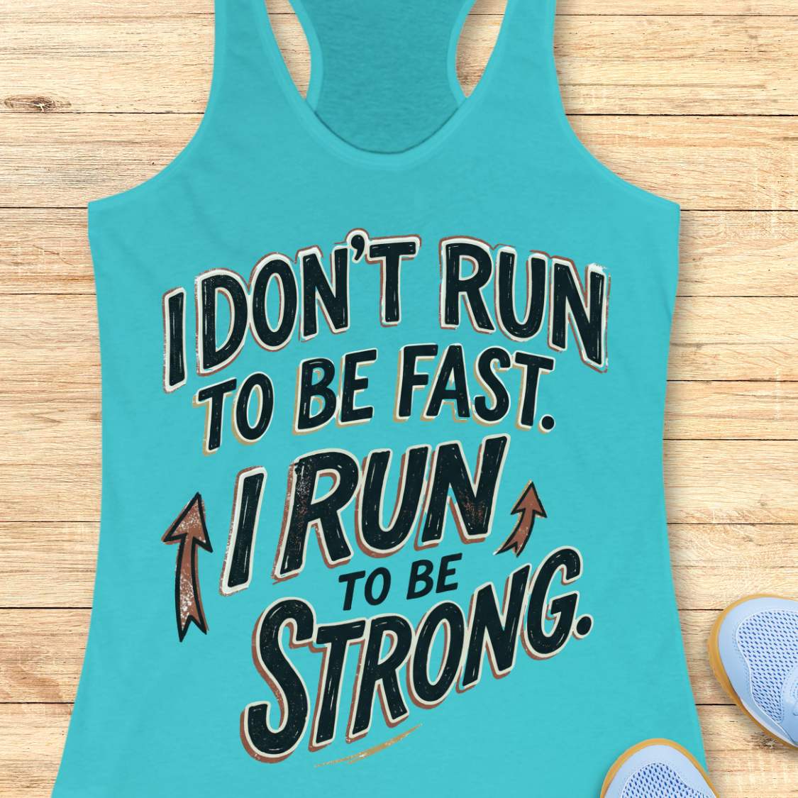 A blue racerback tank top laid flat on a light wood surface, featuring a motivational graphic with illustrated sneakers.