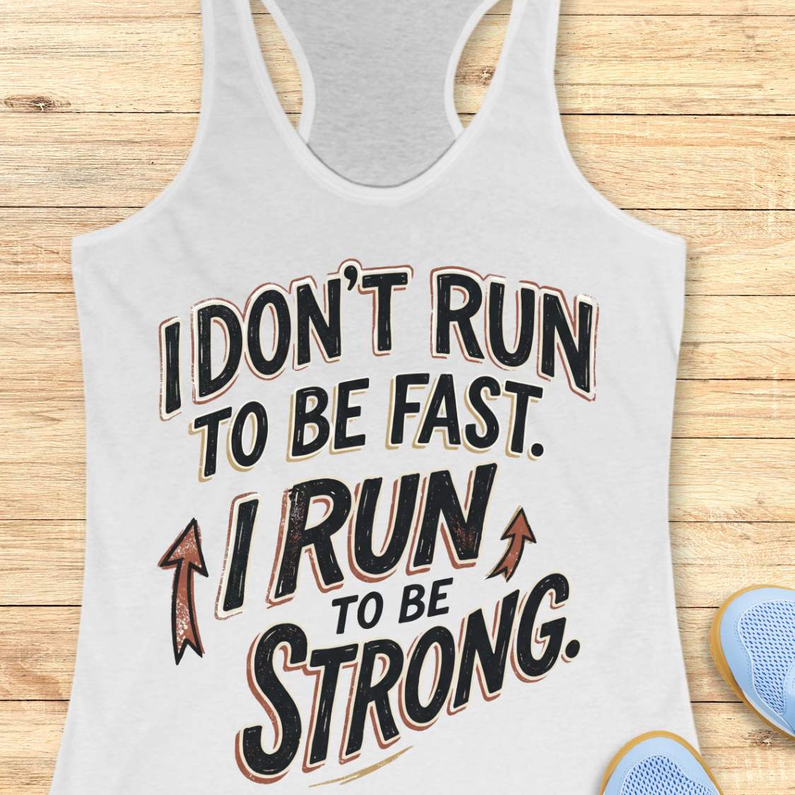 A white racerback tank top laid flat on a light wood surface, featuring a motivational graphic with illustrated sneakers.