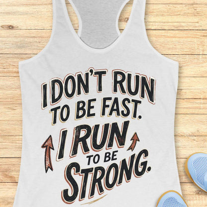 A white racerback tank top laid flat on a light wood surface, featuring a motivational graphic with illustrated sneakers.