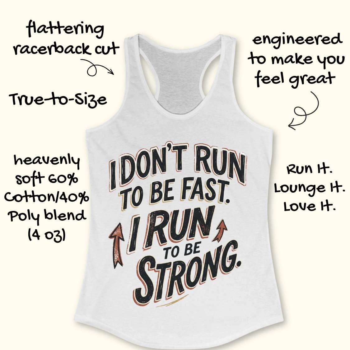 A white racerback tank top laid flat on a light wood surface, featuring a motivational graphic with illustrated sneakers.