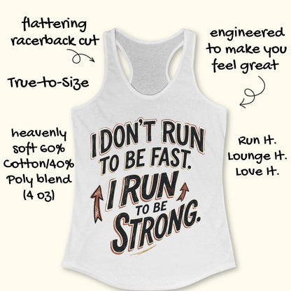 A white racerback tank top laid flat on a light wood surface, featuring a motivational graphic with illustrated sneakers.