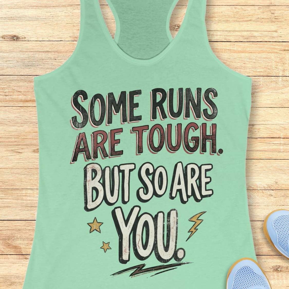 A mint racerback tank top laid flat on a light wood surface, featuring a motivational graphic with illustrated sneakers.