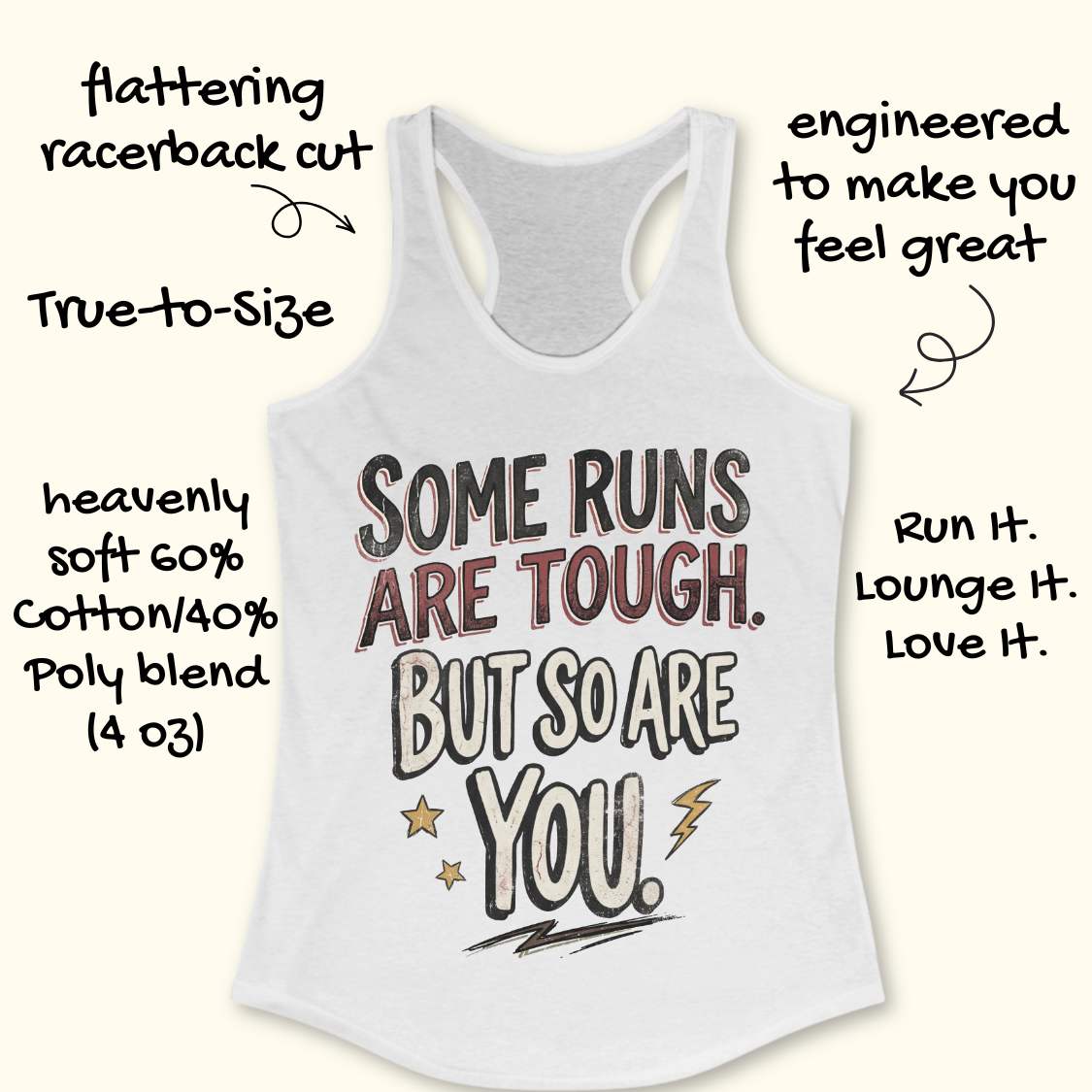 A white racerback tank top laid flat on a light wood surface, featuring a motivational graphic with illustrated sneakers.