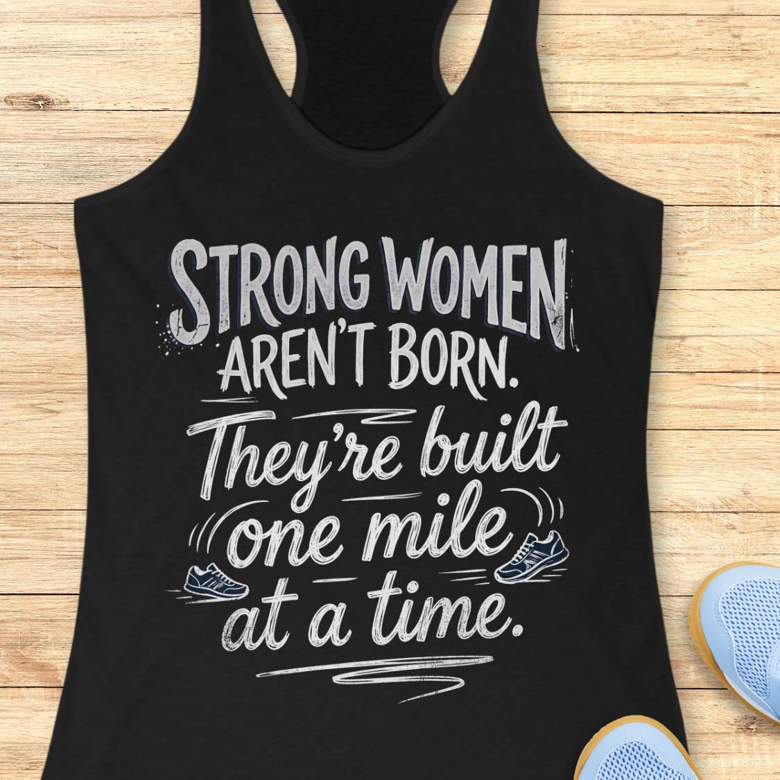 A black racerback tank top laid flat on a light wood surface, featuring a motivational graphic with illustrated sneakers.