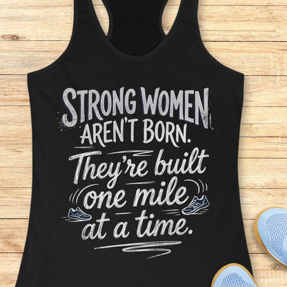 A black racerback tank top laid flat on a light wood surface, featuring a motivational graphic with illustrated sneakers.