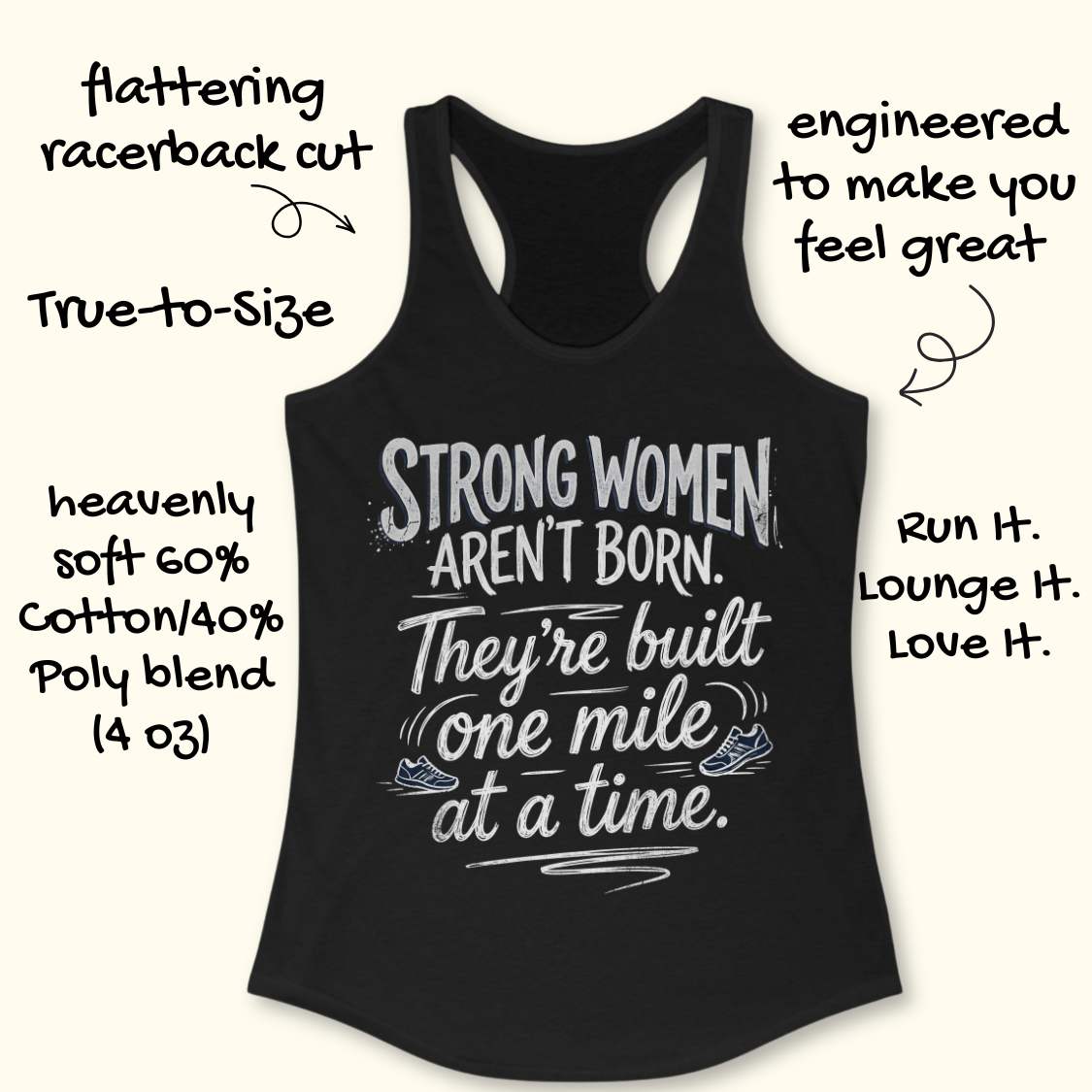 A black racerback tank top laid flat on a light wood surface, featuring a motivational graphic with illustrated sneakers.