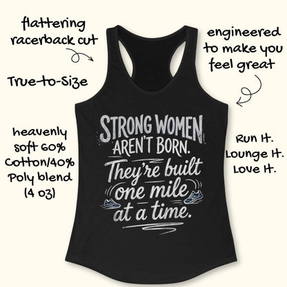 A black racerback tank top laid flat on a light wood surface, featuring a motivational graphic with illustrated sneakers.
