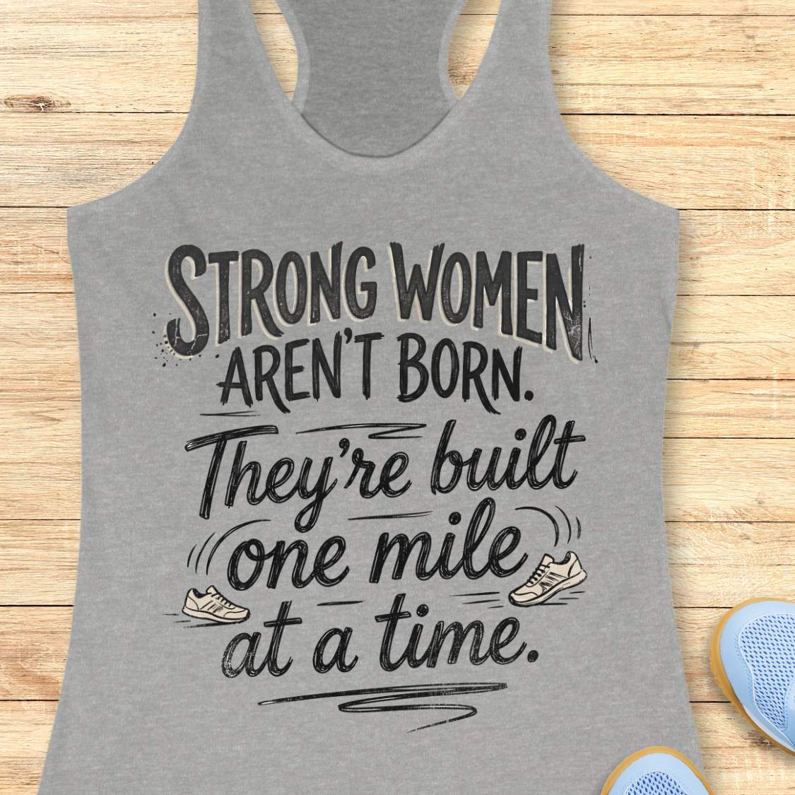 A grey racerback tank top laid flat on a light wood surface, featuring a motivational graphic with illustrated sneakers.