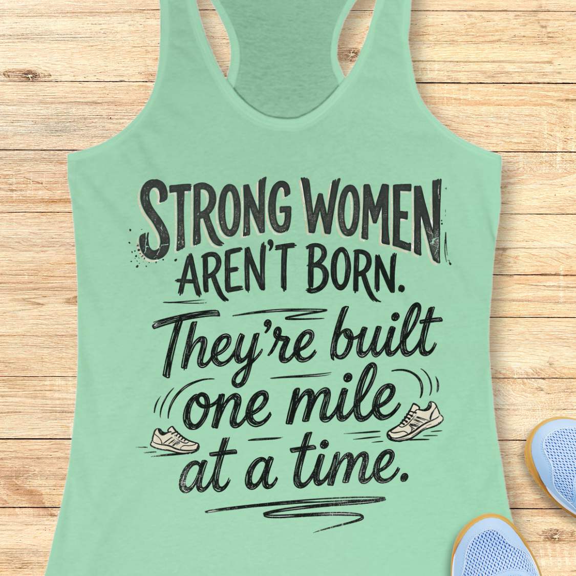 A mint racerback tank top laid flat on a light wood surface, featuring a motivational graphic with illustrated sneakers.