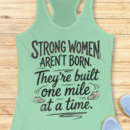 A mint racerback tank top laid flat on a light wood surface, featuring a motivational graphic with illustrated sneakers.