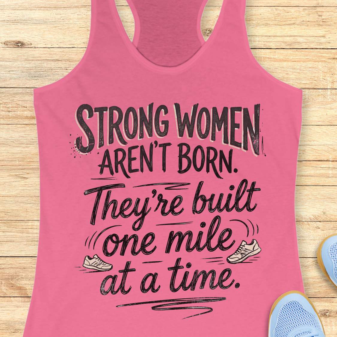 A pink racerback tank top laid flat on a light wood surface, featuring a motivational graphic with illustrated sneakers.