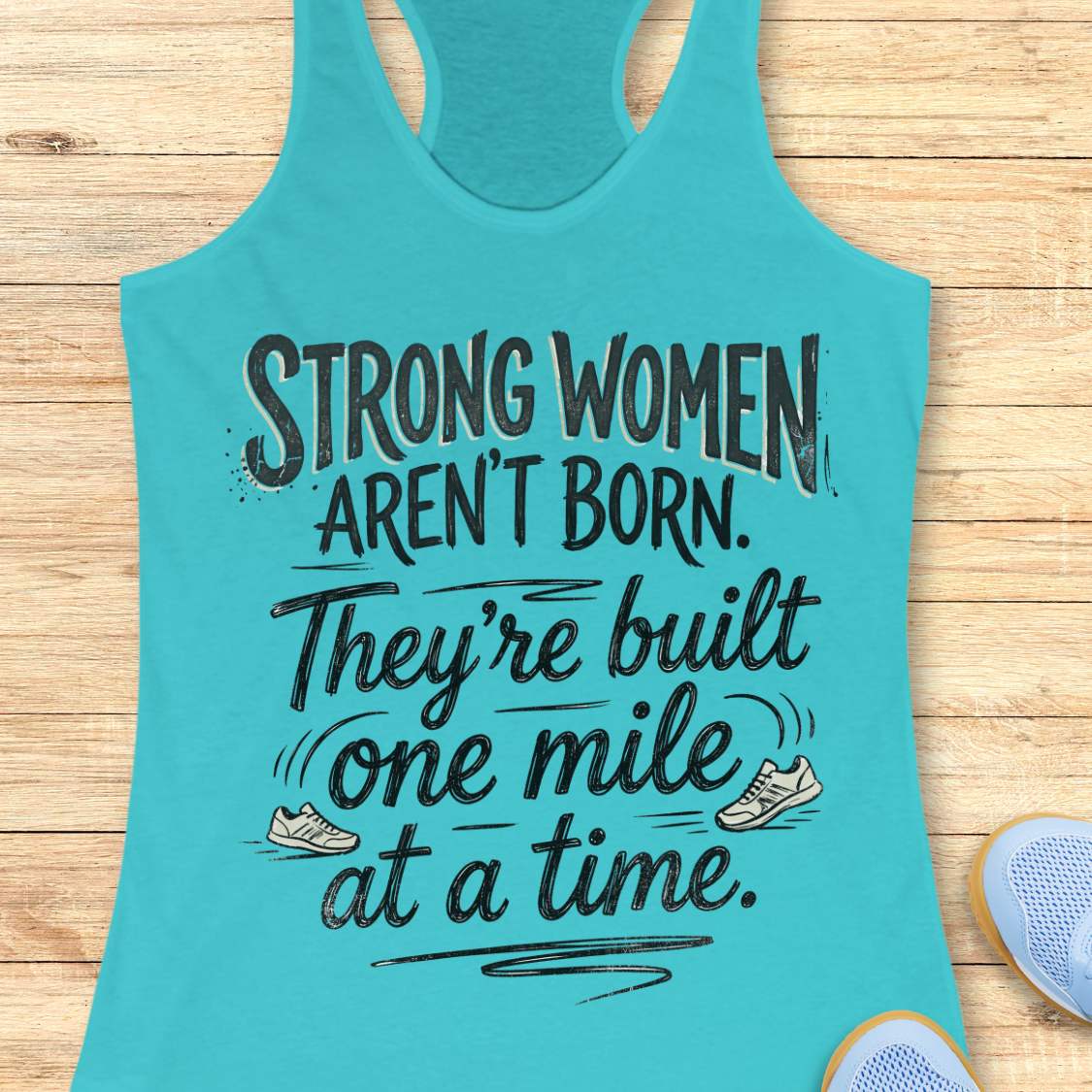 A blue racerback tank top laid flat on a light wood surface, featuring a motivational graphic with illustrated sneakers.