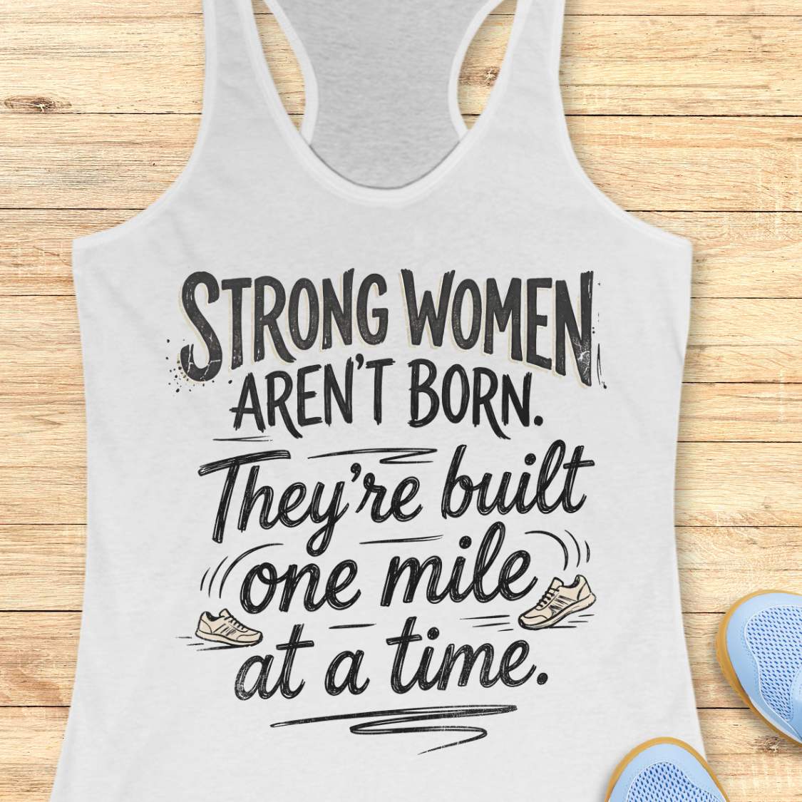 A white racerback tank top laid flat on a light wood surface, featuring a motivational graphic with illustrated sneakers.