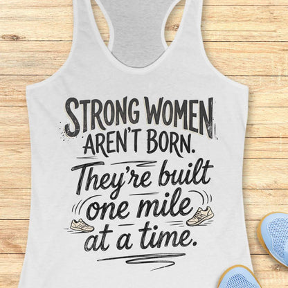 A white racerback tank top laid flat on a light wood surface, featuring a motivational graphic with illustrated sneakers.
