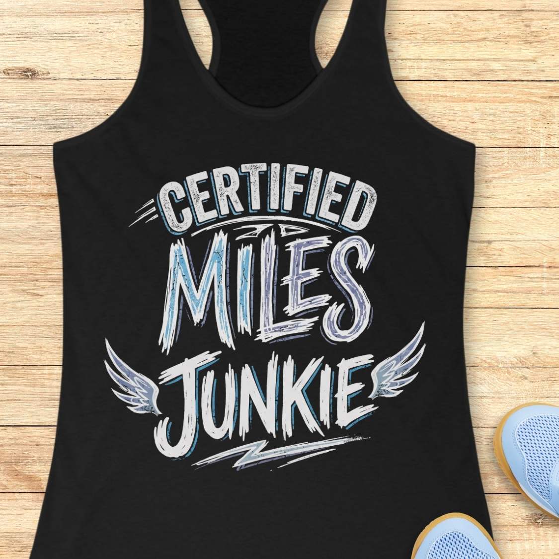 A black racerback tank top laid flat on a light wood plank background, featuring a distressed white and light blue graphic that reads 'CERTIFIED MILES JUNKIE' with wing accents. Part of a light blue shoe is visible at the bottom right.