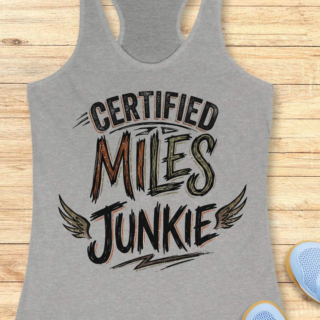 A heather gray racerback tank top laid flat on a light wood background, featuring the text 'CERTIFIED MILES JUNKIE' in black and brown brush-style lettering with wing graphics. Part of a blue shoe is visible at the bottom right.
