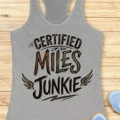 A heather gray racerback tank top laid flat on a light wood background, featuring the text 'CERTIFIED MILES JUNKIE' in black and brown brush-style lettering with wing graphics. Part of a blue shoe is visible at the bottom right.