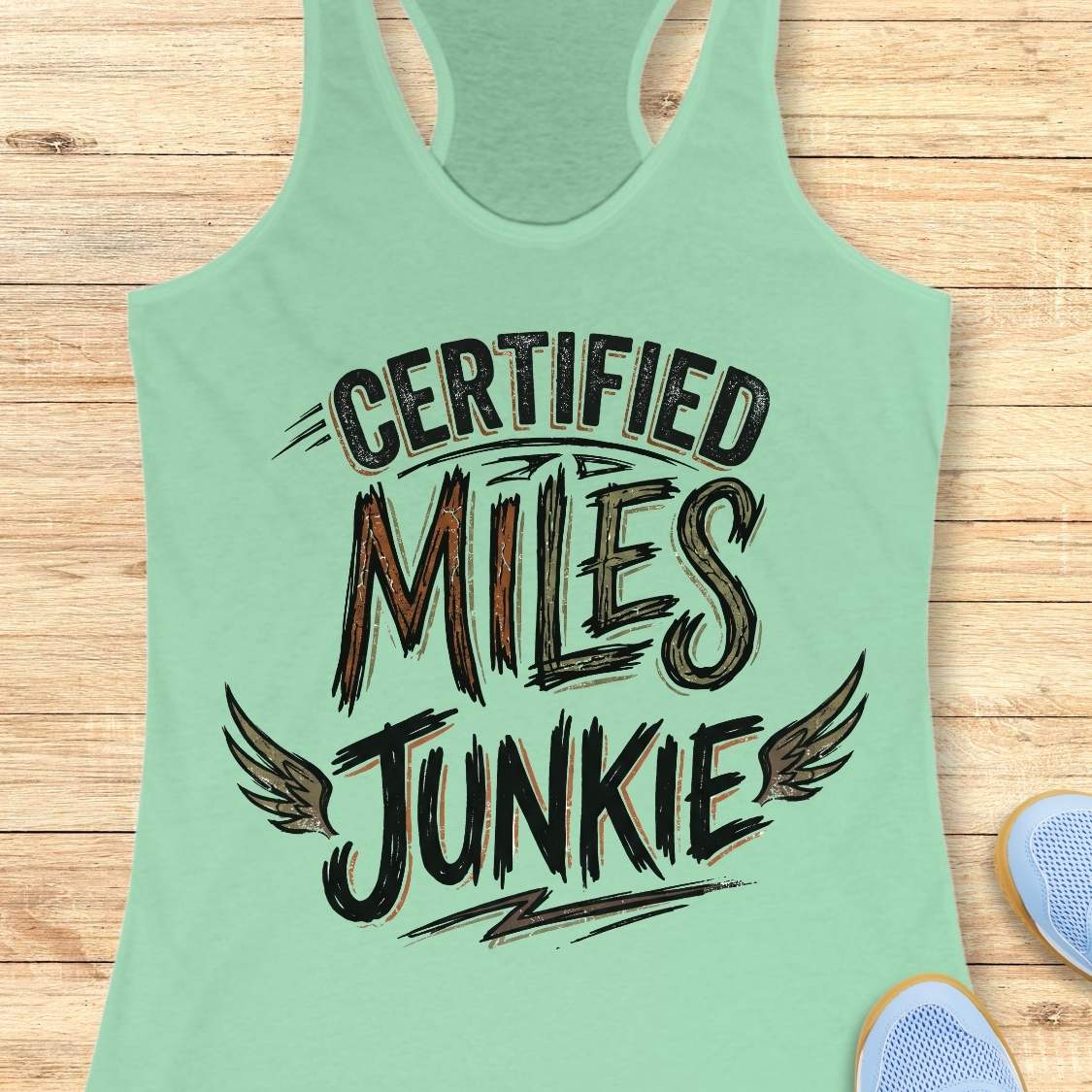 A mint racerback tank top laid flat on a light wood background, featuring the text 'CERTIFIED MILES JUNKIE' with wing graphics. Part of a blue shoe is visible in the bottom right corner.