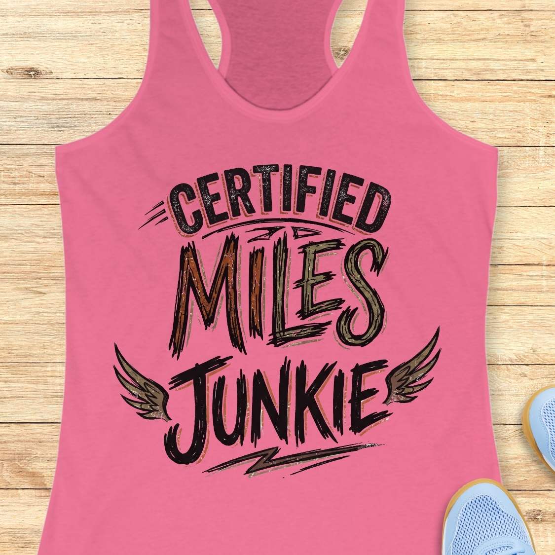 A pink racerback tank top laid flat on a light wood background, featuring the text 'CERTIFIED MILES JUNKIE' in black with wing and lightning graphic accents. Partial blue sneakers are visible at the bottom right as styling props.