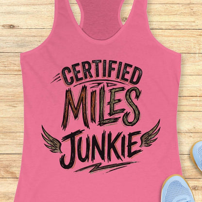 A pink racerback tank top laid flat on a light wood background, featuring the text 'CERTIFIED MILES JUNKIE' in black with wing and lightning graphic accents. Partial blue sneakers are visible at the bottom right as styling props.