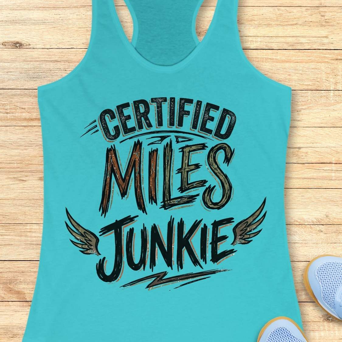 A blue racerback tank top laid flat on a light wood background, featuring the text 'CERTIFIED MILES JUNKIE' with wing graphics. Part of a blue shoe is visible in the bottom right corner.
