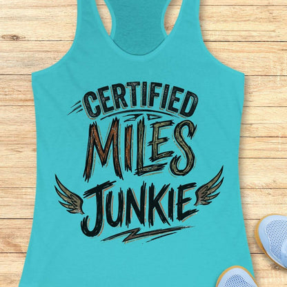 A blue racerback tank top laid flat on a light wood background, featuring the text 'CERTIFIED MILES JUNKIE' with wing graphics. Part of a blue shoe is visible in the bottom right corner.