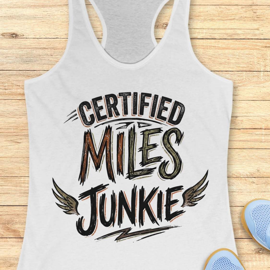 A white racerback tank top laid flat on a light wood background, featuring the text 'CERTIFIED MILES JUNKIE' with wing graphics. Part of a blue shoe is visible in the bottom right corner.
