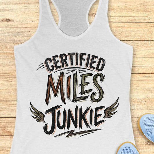 A white racerback tank top laid flat on a light wood background, featuring the text 'CERTIFIED MILES JUNKIE' with wing graphics. Part of a blue shoe is visible in the bottom right corner.