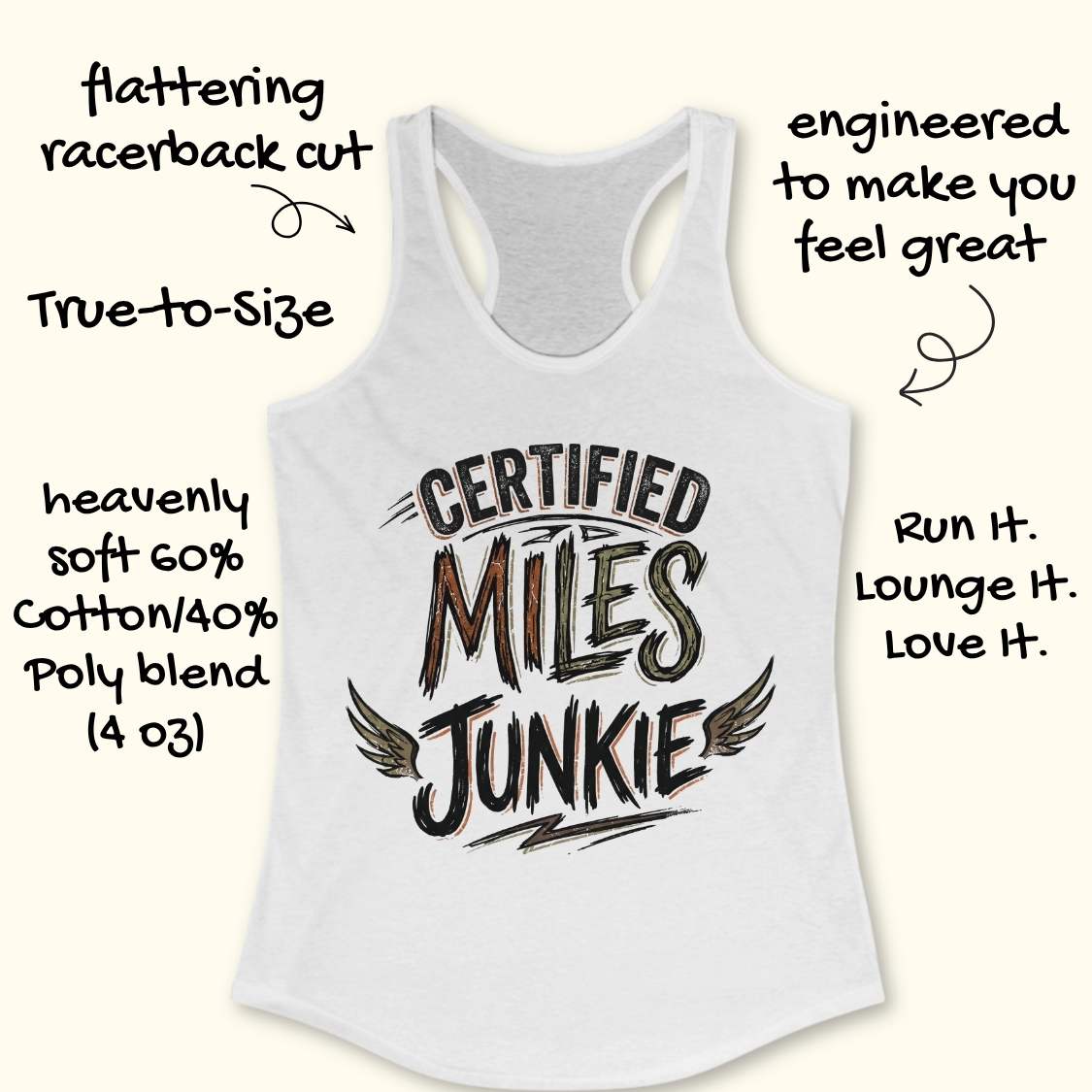 A white racerback tank top with a black graphic reading 'CERTIFIED MILES JUNKIE' on the front, shown on a light cream background with decorative text callouts around it.