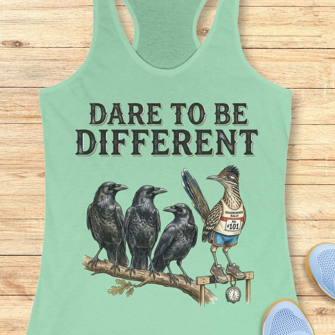 A mint green racerback tank top laid flat on a light wood background, featuring a graphic print of three black crows and a roadrunner wearing a race bib with the phrase 'DARE TO BE DIFFERENT'.