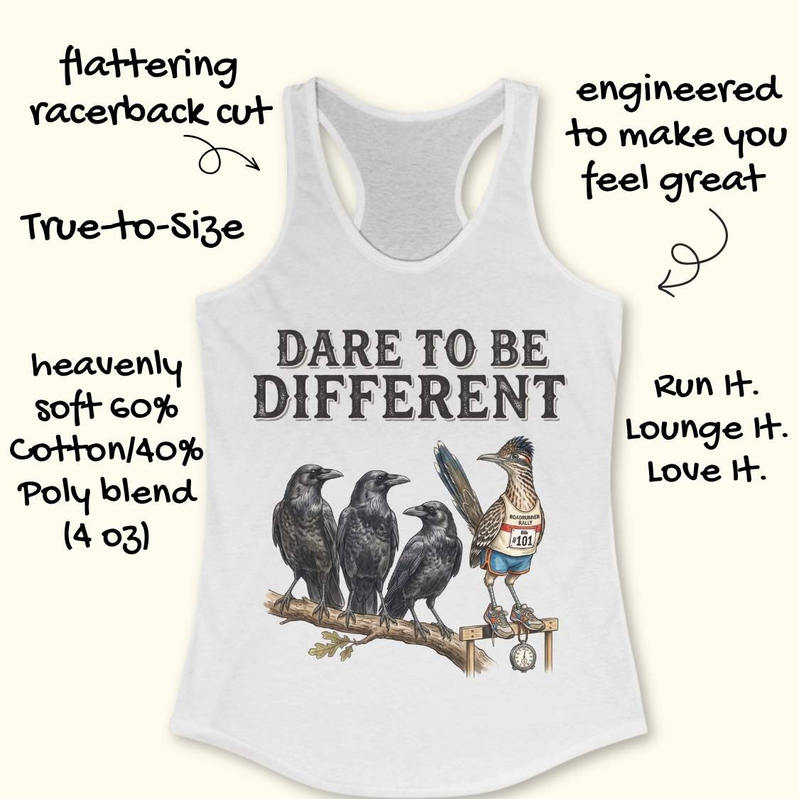 A white racerback tank top with a graphic of three crows and a coqui bird on a branch, with text around it describing the product features. The graphic includes the words 'DARE TO BE DIFFERENT'.