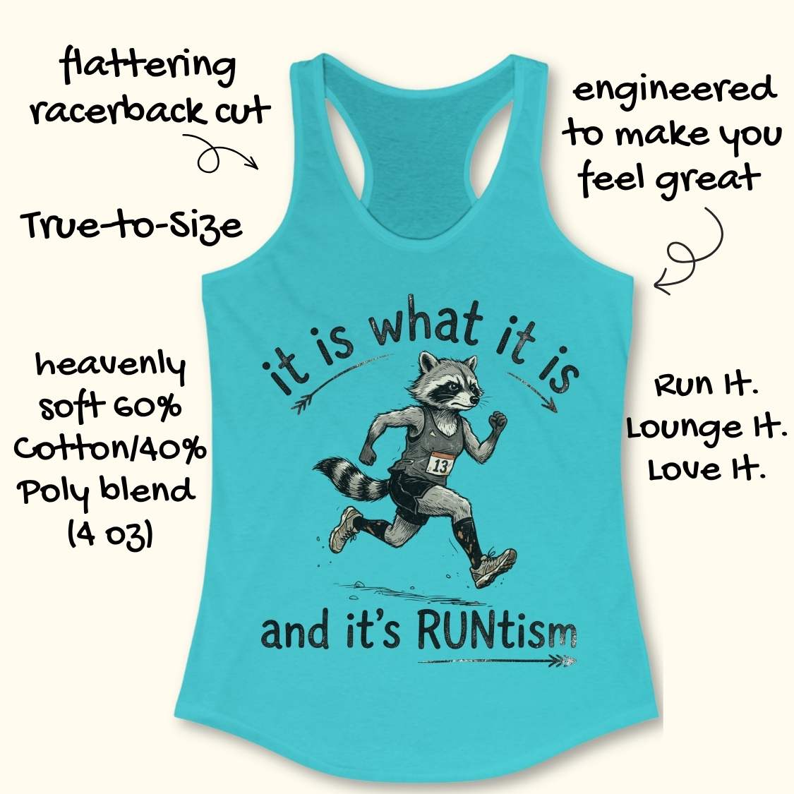 A turquoise racerback tank top with a graphic of a raccoon runner and the text 'it is what it is and it's RUNtism'. The image includes hand-drawn text callouts highlighting product features and fabric details on a light beige background.